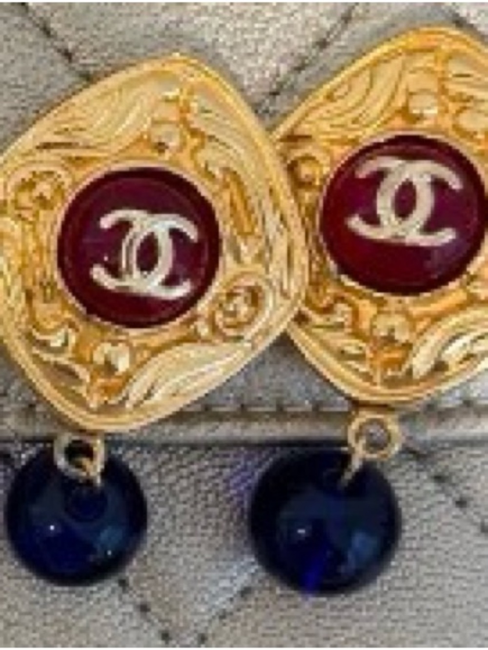 CHANEL Gold-Tone Earrings with Burgundy Medallion & Navy Drops